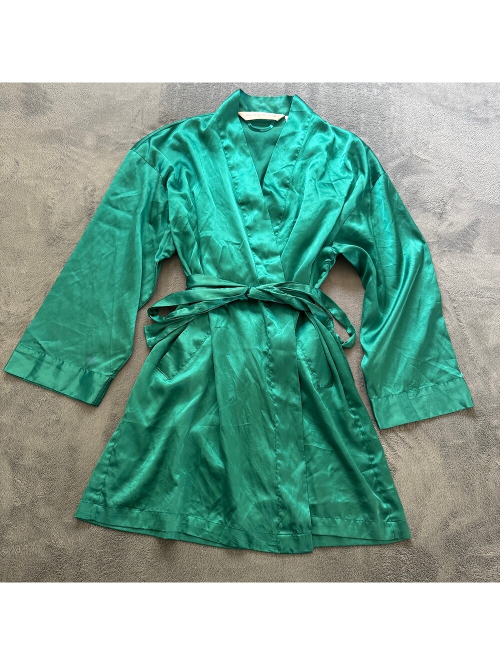 Victoria's Secret Vtg Y2K Green Satin Robe Pink Heart Label One Size Flawed